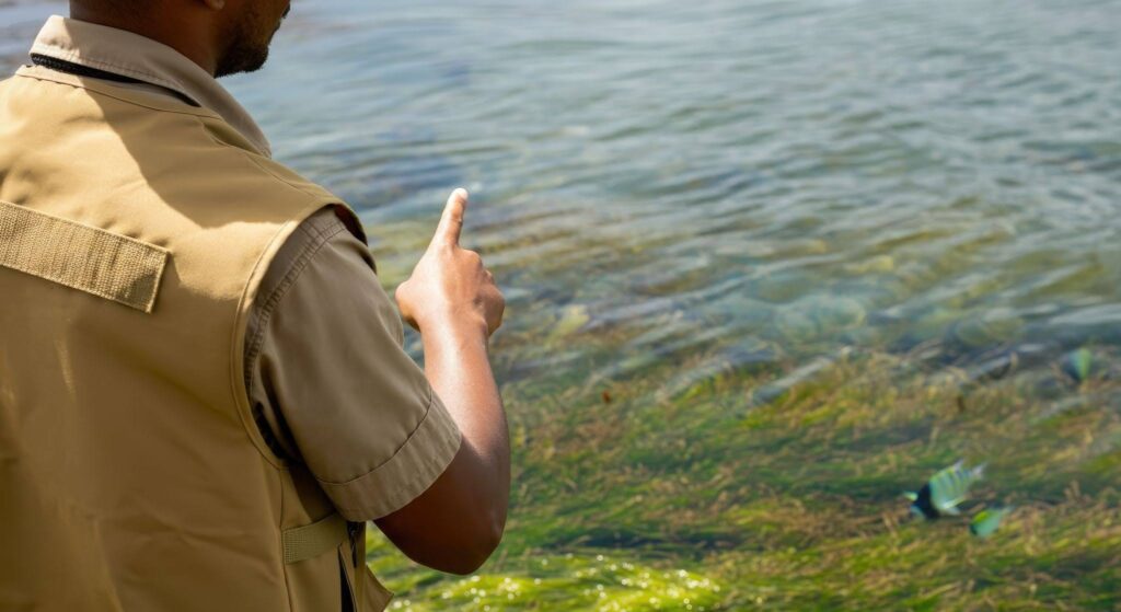 A man points towards a body of water.